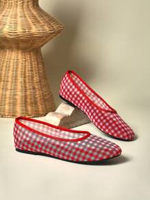 SHUZIA Bailarinas rojas básicas, cómodas y femeninas de estilo minimalista con estampado de cuadros, malla y PU para mujer - Rojo - Ver 4