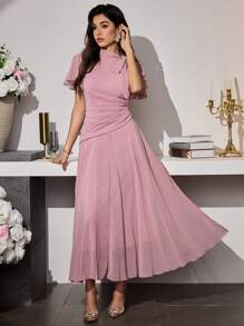 Modelyn Tie-Up Pleated Ruffle Sleeve A-Line Waist Flare Chiffon Dress For Women - Pink - View 1