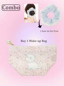 ROMWE Kawaii 2pcs/Set Cute Lace Edge Cat & Bow Pattern Mini Coin Purse Makeup Bag With Hair Tie - Multicolor - View 4