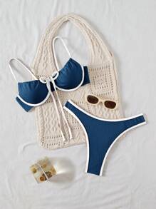 SHEIN Women's Contrast Trim Swimsuit Set, For Beach & Holiday For Summer Beach Vacation