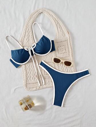 SHEIN Women's Contrast Trim Swimsuit Set, For Beach & Holiday For Summer Beach Vacation