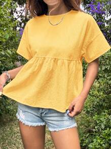 SHEIN EZwear Women's Solid Color Round Neck Batwing Short Sleeve Ruffled Hem Casual Loose Blouse Top - Yellow - View 6
