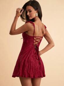 SHEIN BAE Bộ đồ liền thân hở lưng gợi cảm thanh lịch viền ren đỏ mùa hè cho nữ - Đỏ - Xem 1
