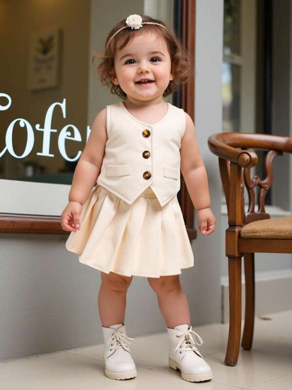 2pcs/Set Baby Girls Summer Sleeveless Top And Skirt Set