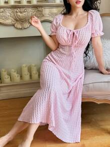 SHEIN Damen rosa Ausschnitt Jacquard Quadratausschnitt Schleife Vorne Lange Nachthemd Babydoll Pyjama Set Damen Nacht Lässig Kleider für Damen Sommer Kleider für Damen Urlaubssaison, Urlaub