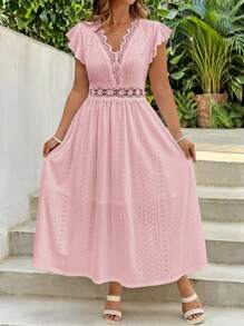 Vestido de primavera/verano para mujer de talla, vestido corte evasé con mangas de campana, cuello y cintura con encaje elástico jacquard blanco, vestidos de verano para mujer, vestido fluido - Rosa - Ver 3