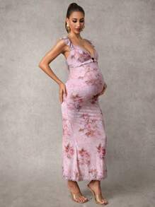 MaterniChic Pregnant Women's Full Print Sweetheart Neck Bodycon Elegant Dress Floral Mermaid Ruffle Classy Outfits For Baby Shower Wedding Guest Dress  Birthday Dresses For Maternity Pink Maternity Dress - Pink - View 3