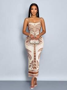 SOLERSUN 优雅性感通勤休闲假日长裙，花卉波西米亚风格女式吊带裙，修身贴臀 - 杏色 - 查看 6