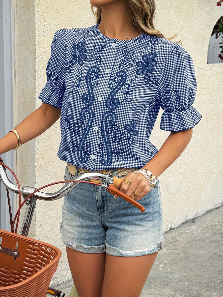 SHEIN LUNE Women's Plaid Embroidered Ruched Blouse - Navy Blue - View 1