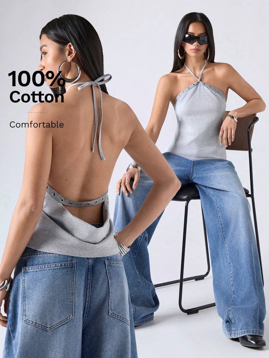 SHEIN EZwear 2025年新款大码夏季女式细肩带吊带背心，带肩带，铆钉细节，大胆少女风格 - 灰色 - 查看 1