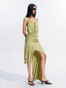 LYSMO 2025 春夏新款女式垂坠领荷叶边不对称下摆中长连衣裙，时尚淡绿色，清新休闲，户外阳光装 - 綠色 - 查看 5