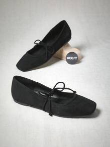 SHUZIA Zapato de ballet con diseño elegante, ligeroso y de baja altura, con lazo decorativo, en color negro de imitación, con un ajuste ancho a la moda
