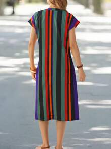 EMERY ROSE Women's Midi Striped Dress, Short Sleeve, Fashionable Summer