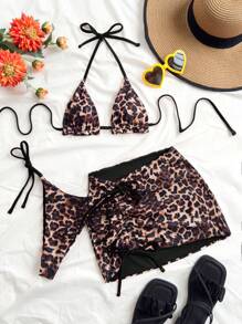 Soleia 3pcs Women's Leopard Print Contrast Red Bikini Set For Vacation - Black - View 5