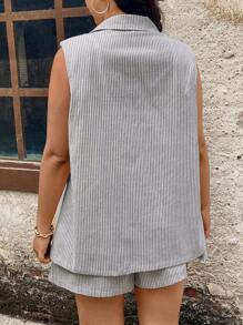 SHEIN LUNE 女式休闲条纹西装外套领短裤带口袋，两件套毕业服装 7 月 4 日白色毕业典礼秋冬