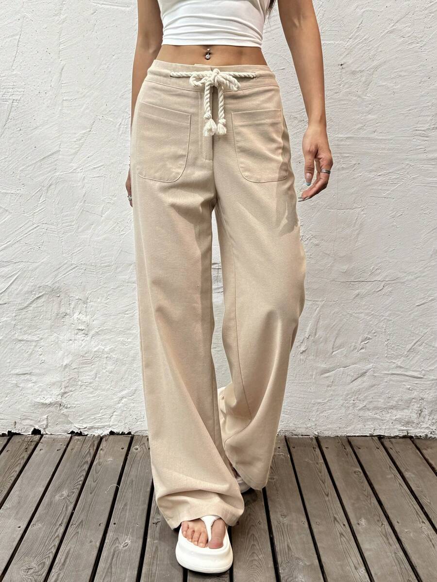 SHEIN EZwear Quần ống đứng thường ngày có túi vá màu trơn có dây rút eo dành cho nữ - Màu Khaki - Xem 1
