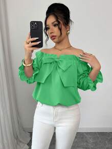 Elenzga Women's Frill Trim Bowknot Off Shoulder Blouse - Green - View 7