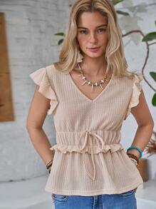 LanaWest Casual V-Neck Cap Sleeve Ruffle Hem T-Shirt For Women - Apricot - View 1