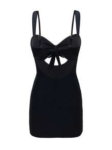 SHEIN Swim New Women's One-Piece Black Wide Strap Pearl Hollow Out Backless Beach Skirt For Summer Beach Vacation - Black - View 8