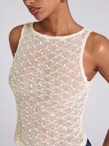 SHEIN BAE Áo tank top nữ mùa xuân hè, kiểu dáng thường ngày, chất liệu xuyên thấu, chất liệu móc len, phong cách moto boho, tay lưới, thích hợp cho các hoạt động ngoài trời, lễ hội âm nhạc, trang phục phương Tây. - trắng - Xem 7