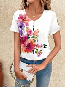 SHEIN Clasi Casual Floral Pattern V-Neck Women T-Shirt Summer Outfits For Women Vacation Outfits Woman Business Casual Women  Classy Outfits For Women Summer Outfits For Women - Multicolor - View 5