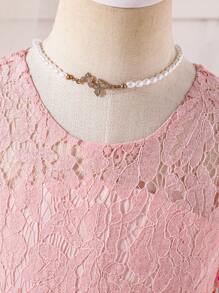 Glamorique Kids Váy cưới dự tiệc sinh nhật cho bé gái, váy hoa jacquard màu hồng thanh lịch cho bé gái, váy midi vải tuyn cổ tròn cho những dịp trang trọng, biểu diễn sân khấu, độc tấu piano, tổ chức sự kiện và chụp ảnh để trở nên tự nhiên và đẹp hơn - Hồng - Xem 4