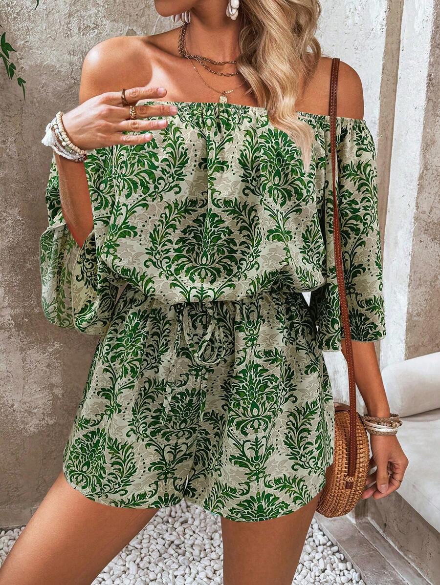 Breezaya 度假印花露肩喇叭袖连体裤 - 彩色 - 查看 1