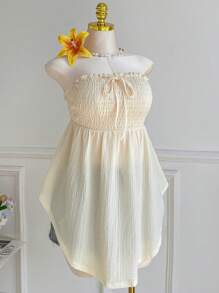 Comfortcana Plus Size Lace Hollow-Out Jacquard Tie Front Asymmetrical Hem Tube Top, Suitable For Spring And Summer