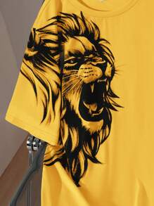SHEIN Casual Lion Graphic Short Sleeve T-Shirt For Teen Boys, Suitable For Summer - Yellow - View 4