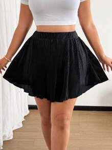 Flirla Plus Size Women Elastic Waist Pleated Flared Shorts Pants - Black - View 5