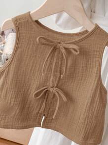 SHEIN LMoss Kids LMoss 年轻女孩休闲蝴蝶结细节宽松露背系带纹理面料 A 字背心春夏 - 棕色 - 查看 4