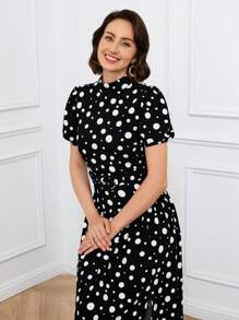SHEIN LUNE Women's Summer Elegant Polka Dot Print Mid-Length Dress, Graceful Ladies Dress - Black and White - View 5