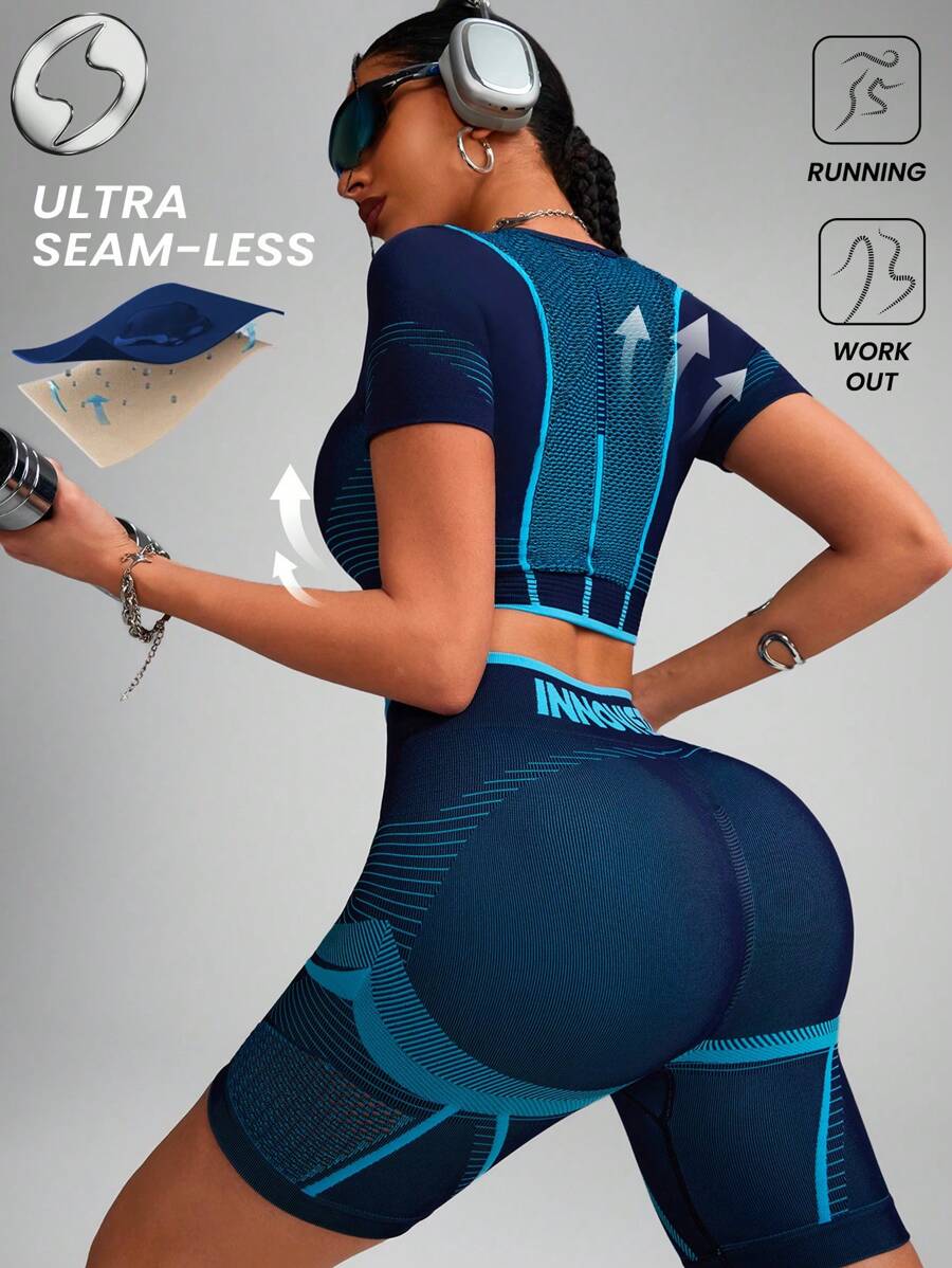Innovista SeamlessTee, Gym Active T-Shirt, Sweat-Wicking & High-Stretch Fit For Training, No Seam Workout Top, Short Sleeve Crop Top, Hight Stretching, Breathable Fabric, Dry Fit, Sculpting Shapewear, Butt-Lifting Compress & Comfy Aerobic Exercise&Cardio, Yoga & Pilates, Boxing, Hiking & Trekking, Tennis&Golf, Machine & Equipment Training Gear,  Workout Outfits & Tracksuit, Fall Motivation, Mother's Day Gift - Blue - View 1