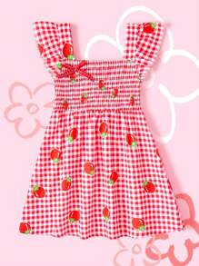 SHEIN Young Girl' Cute Strawberry Pattern Cap Sleeve Ruffle Hem Dress, Summer Casual For Vacation & Outdoor Activitie - Red - View 4
