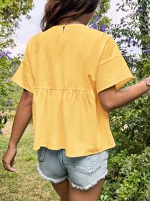 SHEIN EZwear Women's Solid Color Round Neck Batwing Short Sleeve Ruffled Hem Casual Loose Blouse Top - Yellow - View 2