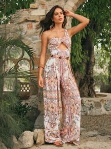 Elaire 25SS Fashion Elegant Bohemian Paisley One-Piece Swimsuit With One-Shoulder 3D Floral Decor And Wide Leg Coverup For Summer Beach Vacation - Multicolor - View 7