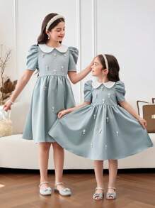 青少年女孩办公室优雅翻领短袖连衣裙 - 薄荷綠 - 查看 14
