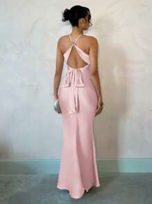 SHEIN BAE Váy Maxi Maxi hở lưng gợi cảm màu mơ trơn thanh lịch cho kỳ nghỉ bên bờ biển mùa hè, thích hợp cho hẹn hò hàng ngày, đi chơi đêm, hộp đêm, tiệc tùng, dạ hội, tiệc cocktail, tiệc hồ bơi, váy ngày lễ - Màu Hồng  San hô - Xem 3