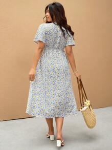 Elaquor Plus Size Elegant Tiny Ditsy Floral Twist Front Dress,Summer Dresses For Women - Multicolor - View 3