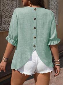 SHEIN LUNE Plus Size Women Tie Sleeve Shirt With Decorative Buttons Women Summer Clothing Summer Clothes Women Clothes Tops For Women Elegant Women Summer Shirts Women Plus Clothing Formal Women Plus Clothing Business Casual Tops For Women Women Blouses - Cadet Blue - View 2