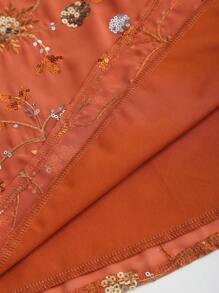 Sweetra 女士时尚花卉亮片大腿开衩系腰中长裙 - 橘色 - 查看 5