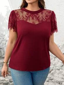 SHEIN Clasi Plus Size Women Lace Patchwork Short Sleeve Top - Burgundy - View 3