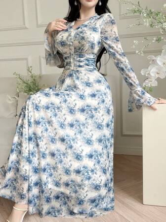 Feyla 女式优雅花卉印花腰部喇叭袖长裙