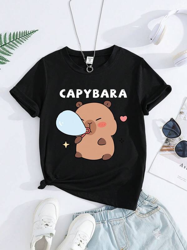 SHEIN Girls' Oversized Capybara Bubble Print Round Neck Short Sleeve Black T-Shirt