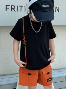SHEIN 2 件套年轻男孩休闲百搭圆领 T 恤和霓虹绿色实用短裤套装，适合春夏季、日常穿着、运动、郊游、学校、聚会、节日、表演和拍照 - 橘色 - 查看 3