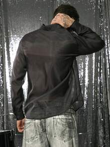 FeverCity Sheer Panel Spread Collar Loose Fit Long Sleeve Men's Shirt With Front Pocket - Black - View 6