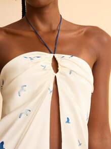 CAJUNI Top corto estivo casual da spiaggia con stampa floreale, nappine, senza spalline, incrociato, traforato, coulisse