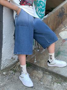 SHEIN Tween Jungen Mode Lässig Patch Details Farbverlauf Blau Dreiviertelhose mit weitem Bein für Kinderbekleidung, weiche Alltagskleidung und Kinder Sommer- und Frühjahrskleidung - Blau - Übersicht 3