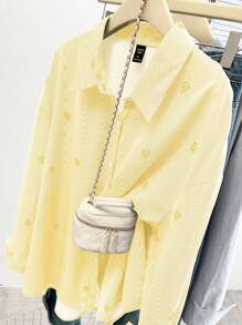 SHEIN LUNE 优雅通勤简约女装时尚百搭畅销条纹印花长袖衬衫领衬衫，黑白，加大码，春夏秋季 - 芥末黃 - 查看 3