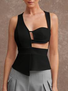 L'Amorae 优雅不对称镂空春季上衣 - 黑色 - 查看 4